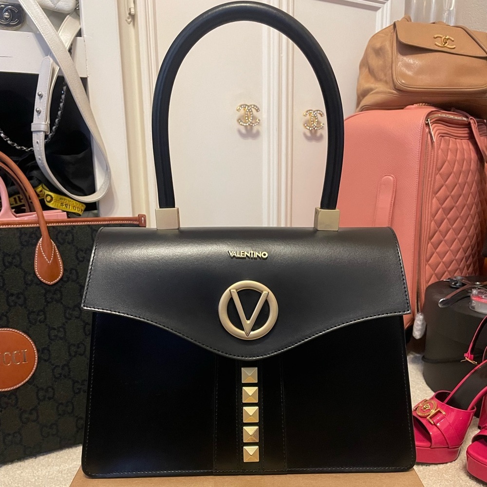 Mario Valentino Black Top-Handle V Logo Satchel